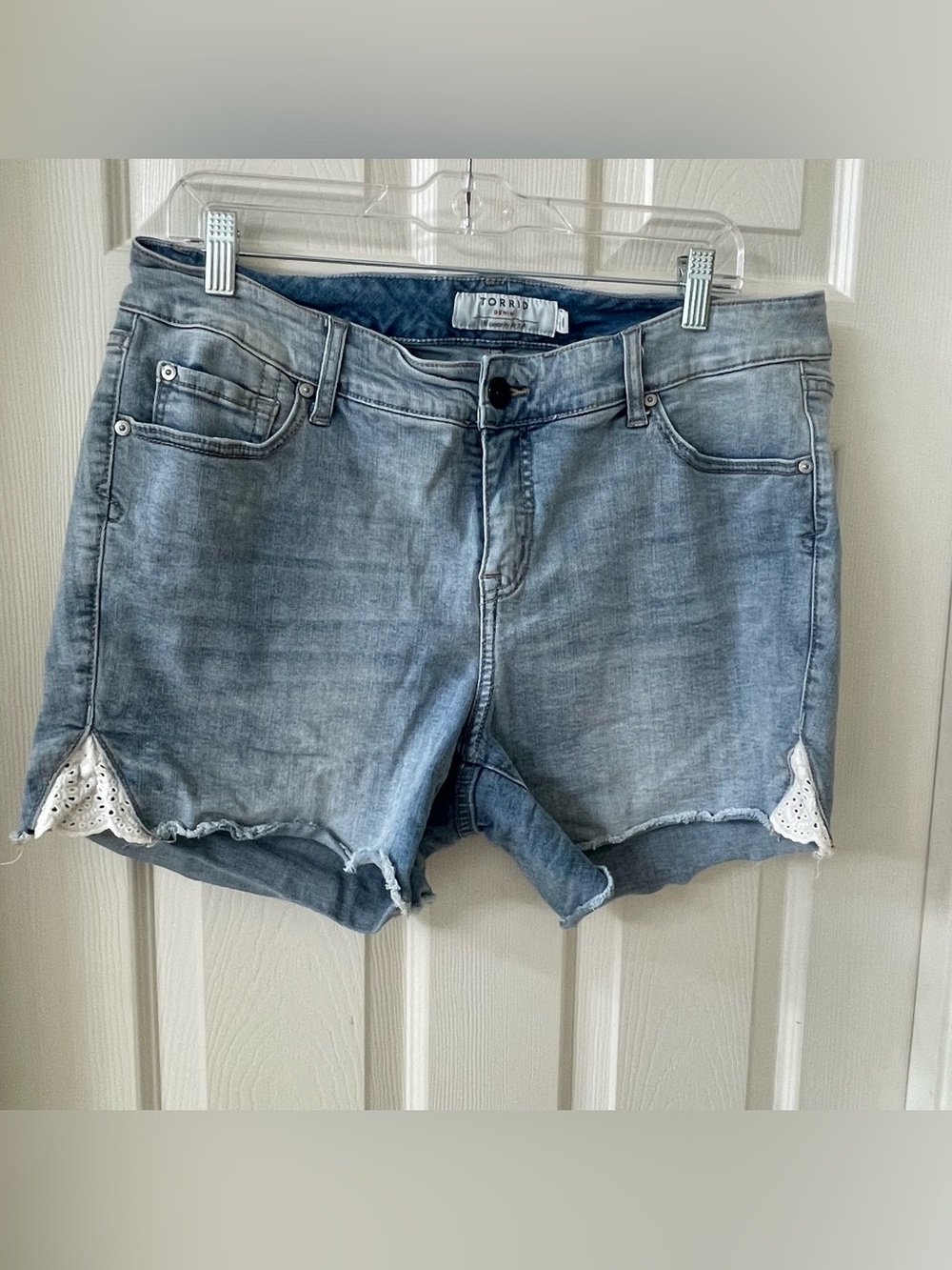 torrid Light Wash Denim Jean Shorts with White Eyelet Trim